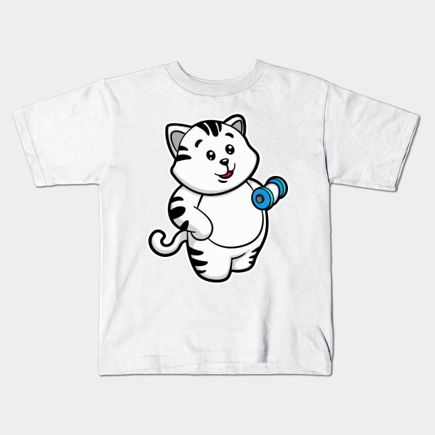 Cat at Biceps training with Dumbbell Kids T-Shirt by Markus Schnabel